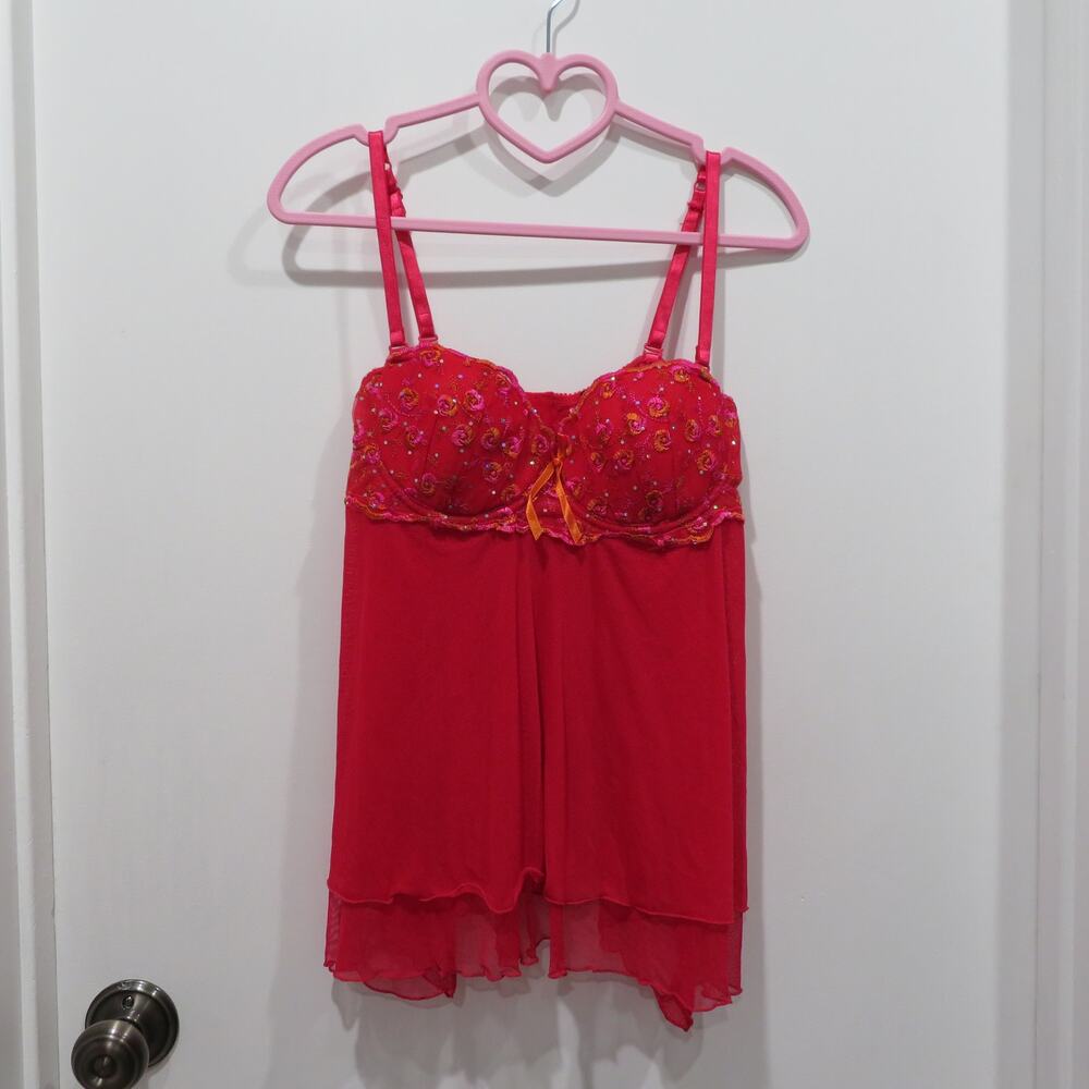 Victoria's Secret Sexy Little Things Y2K Red Floral Embroidered Babydoll SZ 36B
